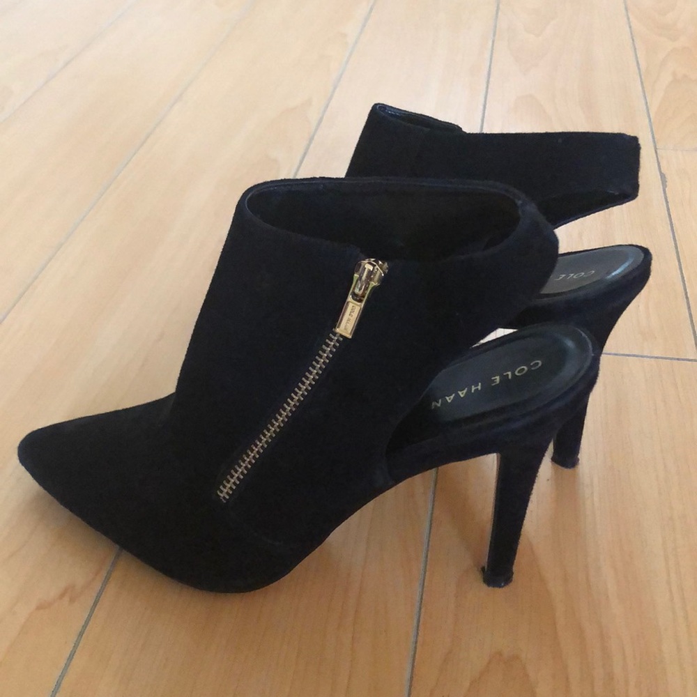 Cole Haan black suede sling back zipper booties
